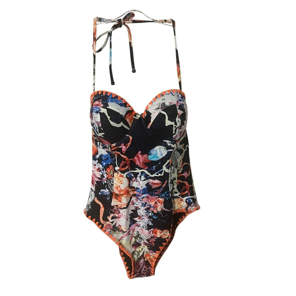 NWOT Rachel Roy Abstract Floral One Piece Swimsuit Multicolor Halter Underwire